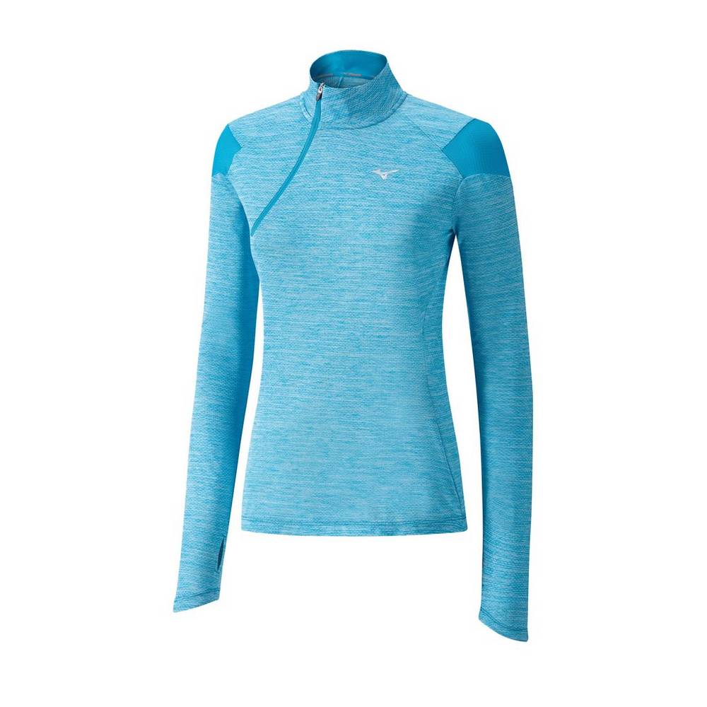 Blusa Mizuno Running ALPHA HALF ZIP - Mulher - Azuis - NECKV4867